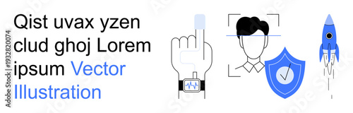 Biometric security, access control, digital identity, authentication, technology, innovation. A fingerprint scanner, facial recognition shield with checkmark and rocket. Biometric security