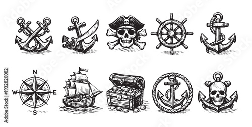 Hand drawn pirate illustrations with anchor, skull, ship wheel, treasure chest, ship, rope and compass. Black sketch on white backdrop. Great for pirate theme designs.