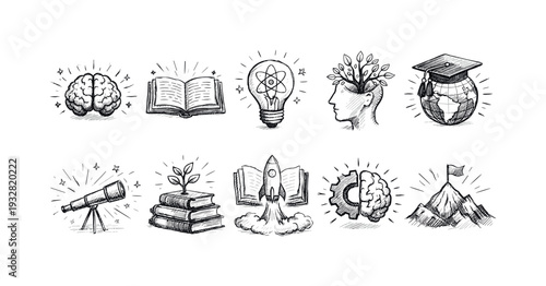 Education and learning sketch icon set. School, study, knowledge linear icons collection