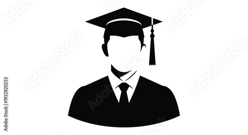 Minimalist black and white vector illustration silhouette of a male graduate wearing a formal suit and graduation cap with tassel