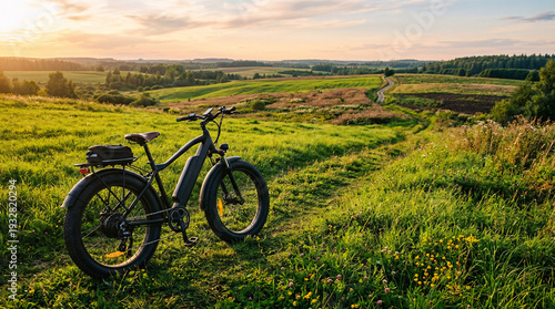 A rugged black electric fat bike stands on a winding dirt path amidst green rural fields during a vibrant sunset