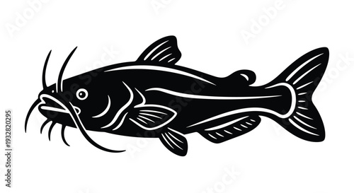 Black catfish silhouette on a yellow and blue background