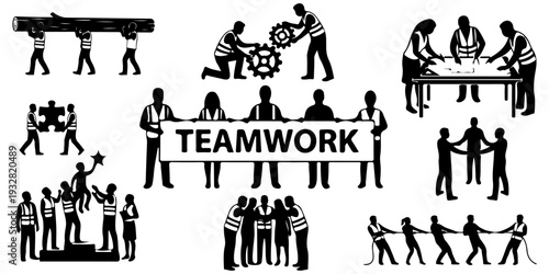 Set of teamwork and cooperation silhouettes, industrial workers in safety vests working together, building, turning gears, and business unity icons isolated
