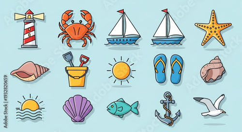 Collection of summer themed illustrations featuring various beach elements and nautical symbols.