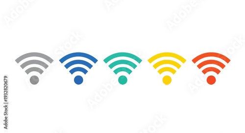 Vibrant vector graphic illustration showcasing a row of five distinct colorful WiFi symbols, representing internet connectivity and modern digital communication options.