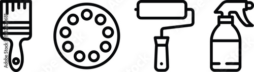 Painting tools line icons set isolated on white background, brush color palette roller and spray bottle vector illustration