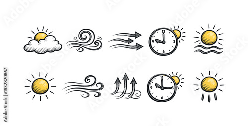 Weather, forecast doodle icon set. Atmospheric, meteorological icons in sketch style