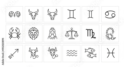 Zodiac Signs - A Detailed Collection of Astrological Symbols and Representations.