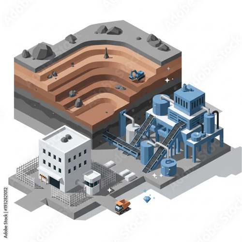 Isometric illustration of an industrial facility with mining operations and processing plant.
