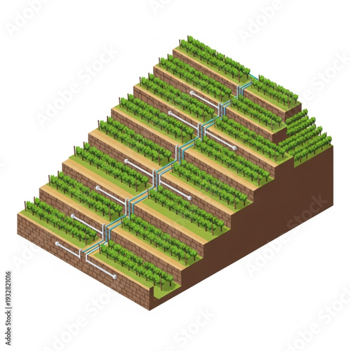 3D illustration of a terraced agricultural landscape with irrigation system.