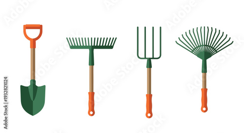 A collection of essential flat design vector gardening tools including a shovel a garden fork and different types of rakes for yard work