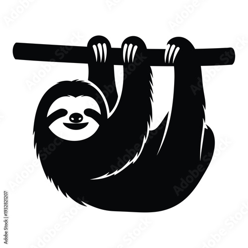 Black silhouette of a sloth hanging from a branch