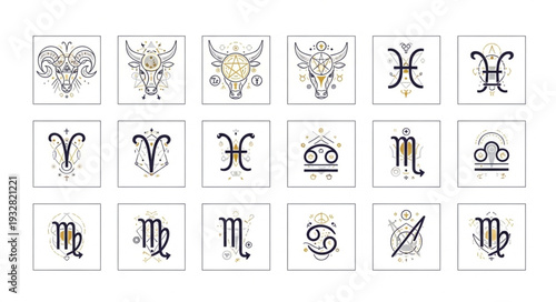Zodiac signs symbols arranged in a grid with intricate floral designs.