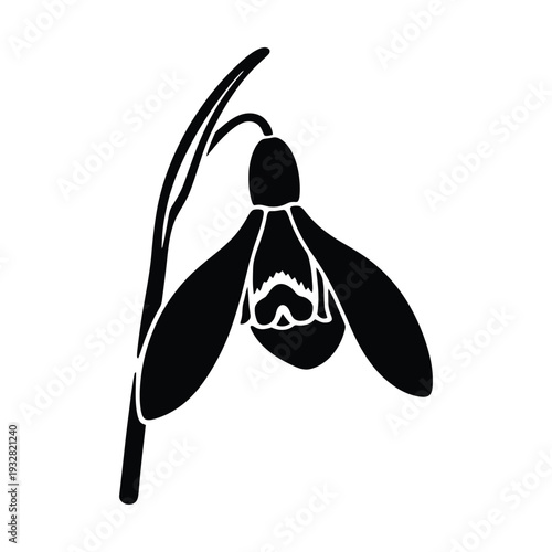 Black silhouette of a snowdrop flower with stem and leaf