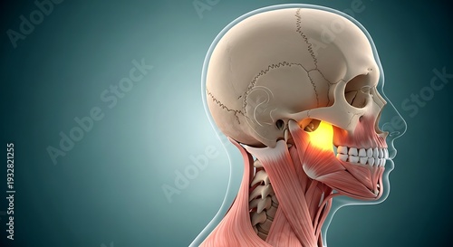 A detailed 3D medical illustration of a human skull highlighting a painful tooth, showcasing anatomy and dental health from a lateral viewpoint with a focus on the skeletal and muscular structure