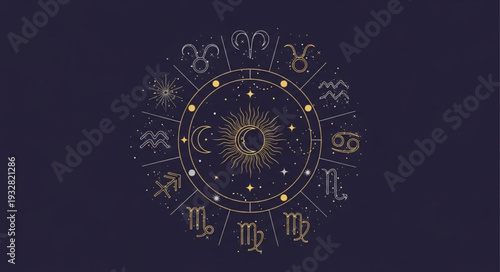 Astrological Zodiac Wheel Depicting Celestial Signs and Cosmic Symbols.