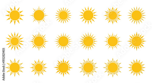 A comprehensive collection of vibrant yellow sun vector graphic illustrations, featuring various radiant solar designs suitable for weather forecasts and seasonal themes.