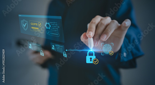 Obraz na plátně GDPR compliance and data privacy consent concept, Business person using stylus o
