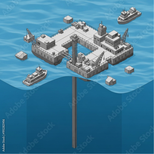 Offshore oil rig platform with supply ships in the ocean.