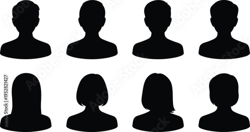Male and female avatar silhouette icons set isolated on white background, black user profile head and shoulders vector illustration collection