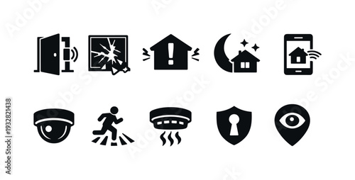 Home security silhouette icon set. Safety, alarm, surveillance symbols in silhouette style.