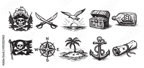 Set of monochrome sketchy pirate adventure icons, including skull, crossed swords, treasure, message in a bottle, flag, compass, island, anchor and map.