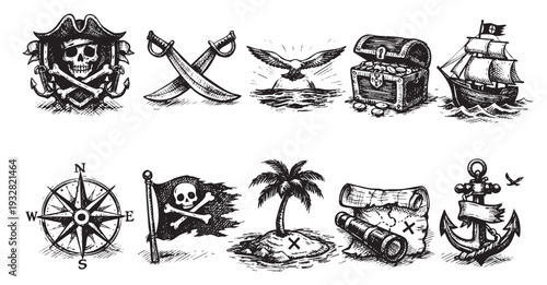 Black and white vector sketch features classic pirate elements: skull, swords, treasure chest, ship, map, and island. Perfect for adventure themes, historical illustration, and designs.