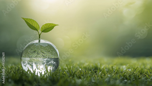 整った緑の余白にガラス球と芽が映えるミニマルな環境イメージ