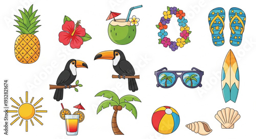 Collection of tropical summer elements, perfect for vacation and relaxation themes.