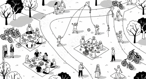 People enjoying a picnic and riding motorcycles on a sunny day in the park.