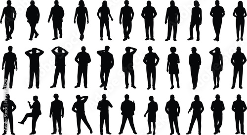 Business people silhouette collection set isolated on white background, corporate men and women standing in various poses, black vector illustration for teamwork concept