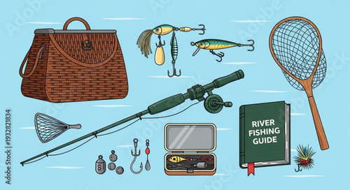 Fishing Gear Collection - Tackle Box, Rod, Net, and Accessories for Angling.