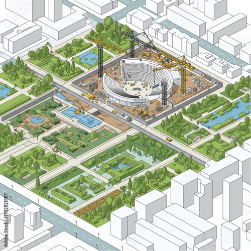 Isometric illustration of a modern city park with a large circular building.