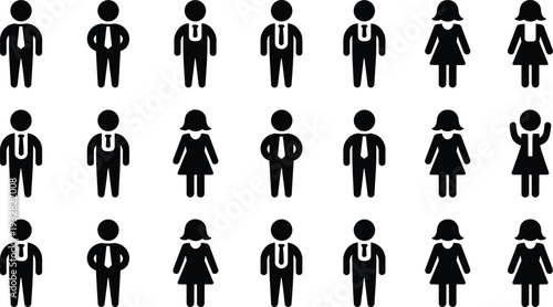 Business people icon set with male and female flat pictograms in professional attire for office signage, corporate communication, infographics, UI design, and workforce concepts