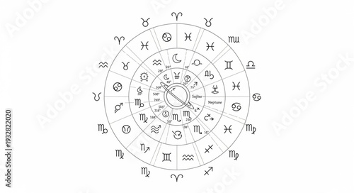 Intricate astrological chart depicting celestial bodies and zodiac signs in detailed circular arrangement.