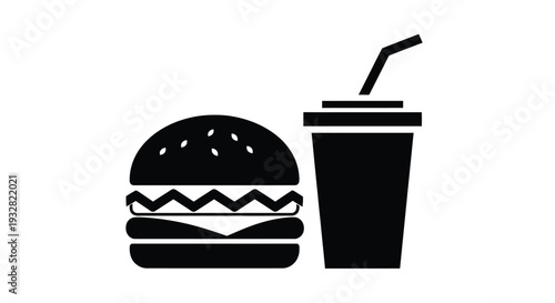 Simple black and white vector graphic illustration depicting a classic hamburger and a refreshing soda drink with a straw icon