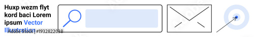 Digital interaction, communication tools, user interface, navigation systems, online search, email functions. Search bar, email envelope and cursor click symbol in minimalist style. Digital