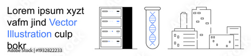Technology, science, research, data storage, urbanization, modern infrastructure. Server racks, a DNA double helix in a test tube and urban buildings. Technology and science concept