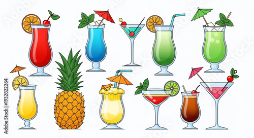Colorful cocktails and pineapple, a refreshing tropical drink collection.