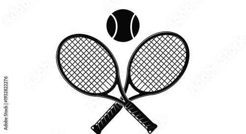 A classic black and white vector illustration depicting two crossed tennis rackets with a tennis ball hovering above them, perfect for sports design and athletic branding projects.