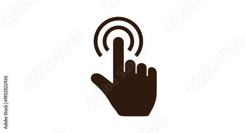 Vector graphic illustration representing a simple user interface icon showing a hand cursor tapping or clicking on a digital screen element