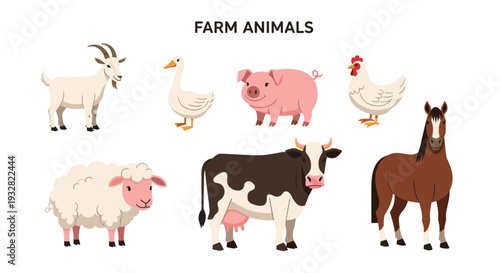 Set of common farm animals including a goat, goose, pig, hen, sheep, cow, and horse isolated on a clean white background.