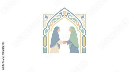 Illustration of two people shaking hands under an ornate archway.