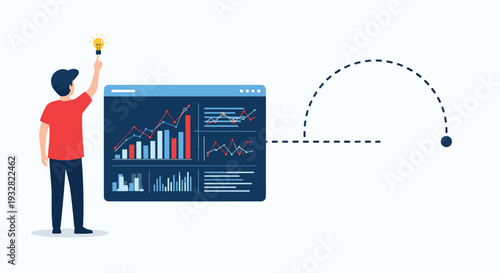 Professional analyst pointing to a light bulb while standing next to a complex data visualization dashboard with various charts.