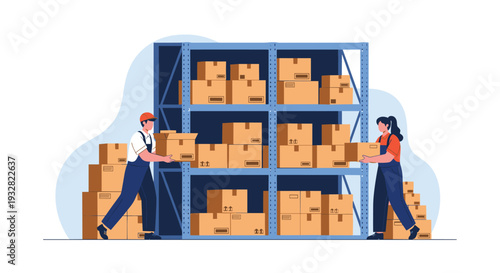 Two warehouse employees organizing cardboard boxes on tall industrial shelves in a large distribution center facility.