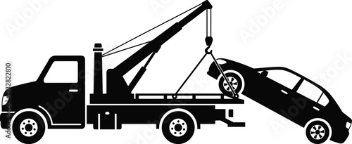 Tow truck silhouette, car towing service vehicle lifting broken automobile with crane hook vector illustration isolated on white background