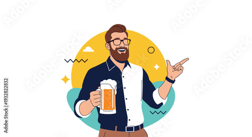 Happy bearded man wearing glasses holding a large mug of beer and pointing towards the side in a casual pose.