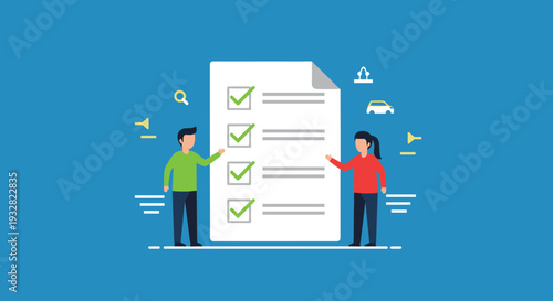 Man and woman pointing to a large document with green checkmarks indicating a completed survey or satisfaction list.