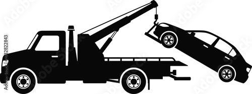 Tow truck silhouette, roadside assistance vehicle lifting damaged car with crane hook towing service vector illustration isolated background