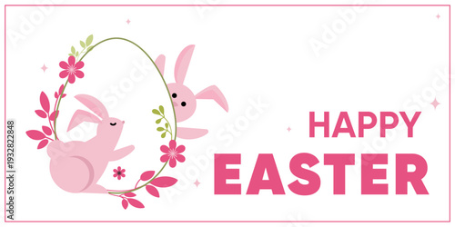 Happy Easter banner template, greeting card with cute pink bunny rabbits with spring flowers and bold Easter typography for holiday cards invitations social media posts seasonal promotions .Vector